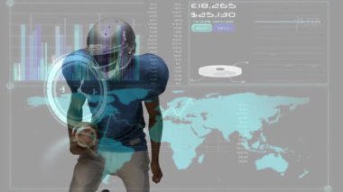 Animation of digital screen over diverse male american football players. Sport, competition, data processing and technology concept digitally generated video.