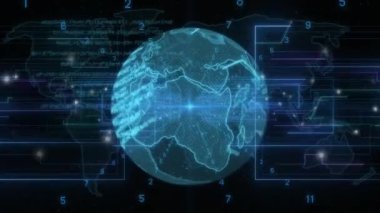 Siyah arka planda dünya ve veri işleme animasyonları. Veri işleme, sanal alan ve teknoloji konsepti dijital olarak oluşturulmuş video.