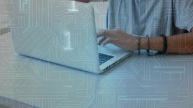 Animation of data processing over schoolchildren and teacher. Global finances business digital interface and technology concept digitally generated video.