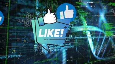 Veri işleme ve DNA ipliklerinin üzerinde simgeler olan metin gibi animasyonlar. Küresel teknoloji, bilgisayar ve dijital arayüz kavramı dijital olarak oluşturulmuş video.