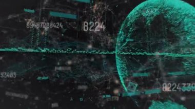 Siyah arkaplan üzerinden veri işleme ve bağlantı ağının animasyonu. Küresel teknoloji, bilgisayar ve dijital arayüz kavramı dijital olarak oluşturulmuş video.