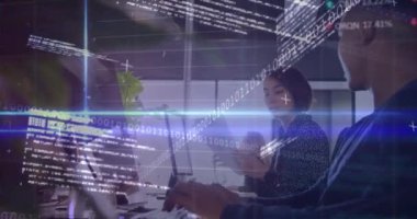 Animation of financial data processing and binary coding over diverse business people in office. Business, finance, data processing and networking concept digitally generated video.