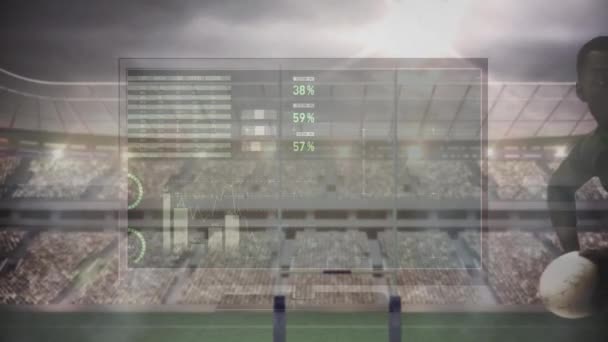 Animation Graphs Digital Screen Diverse Male Rugby Players Stadium Sport — Vídeos de Stock