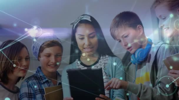 Animation Media Icons Diverse Schoolchildren Using Tablet Global Education Digital — Video Stock