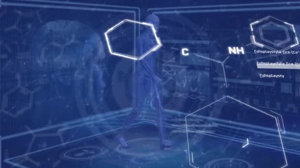 Анімація Хімічної Формули Над Мережею Єднань Обробки Даних Глобальна Наука — стокове відео