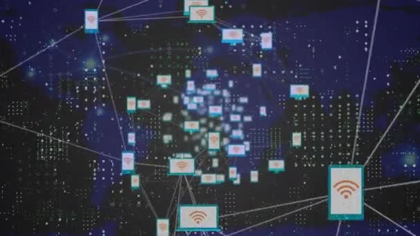 Rede Ícones Digitais Flutuando Sobre Rede Conexões Mapa Mundo Contra — Vídeo de Stock