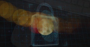 Parmak izi ve karanlık alan ile dijital asma kilidin üzerindeki bulanık trafik ışıkları görüntüsü. Veri işleme, dijital ekran, ağ güvenliği ve teknoloji konsepti dijital olarak oluşturulmuş görüntü.