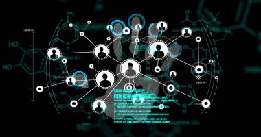 Çeşitli veri ve parmak izlerinin üzerindeki simgelerle bağlantı ağının resmi. dijital güvenlik, biyometrik veri, bilim ve teknoloji konsepti dijital olarak oluşturulmuş görüntü.