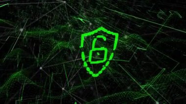 Cyber security over shield icon and network of connections against green light trails. Global networking and cyber security technology concept