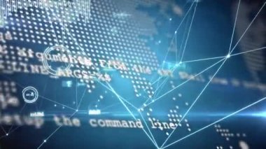 Mavi arkaplana karşı dünya haritasında bağlantılar ve veri işleme ağı. Küresel ağ teknolojisi kavramı