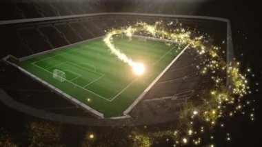 Spor stadyumunun üzerinde havai fişeklerle yıldız animasyonu. Spor, rekabet ve dijital olarak üretilen video konsepti.