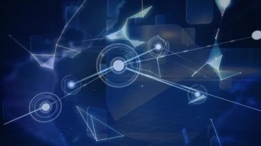 Mavi arkaplanla dünya arasındaki bağlantı ağının animasyonu. Dijital olarak oluşturulmuş küresel ağ, bağlantılar, iletişim ve teknoloji konsepti.