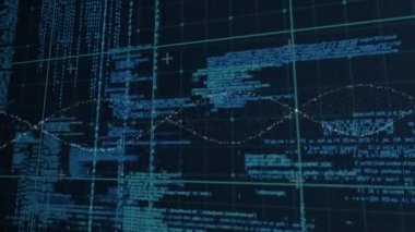 Siyah zemin üzerinde veri ve DNA bulunan dijital ekranın animasyonu. İnsan biyolojisi, bilim, veri işleme ve teknoloji konsepti dijital olarak oluşturulmuş video.