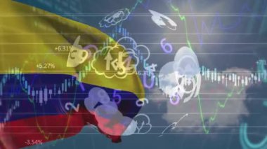Kolombiya bayrağı üzerinde sayılarla finansal veri işleme ve küre animasyonu. Küresel iş, finans, veri işleme ve ağ konsepti dijital olarak oluşturulmuş video.