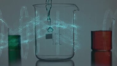 Cama dökülen sıvının üzerinde dönen DNA animasyonu. Dijital olarak üretilen insan biyolojisi, bilim ve teknoloji konsepti.