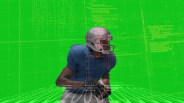 Animation of green digital screen over diverse male american football players. Sport, competition, data processing and technology concept digitally generated video.