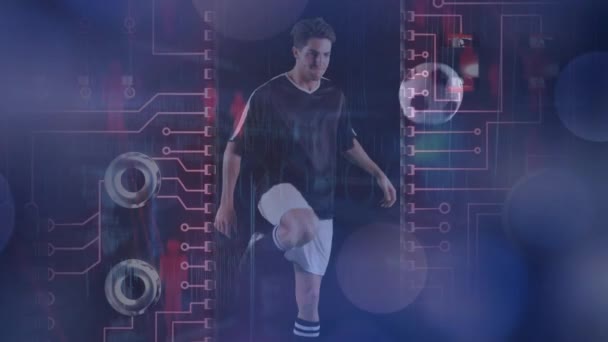 Animation Data Processing Caucasian Male Soccer Player Kicking Ball Sport — Video Stock