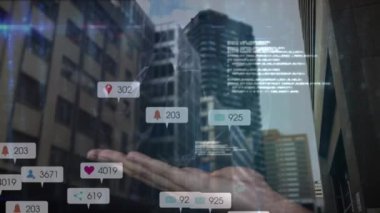 Animation of network of connections and social media icons over connections and cityscape. Global connections data processing and digital interface concept digitally generated video.