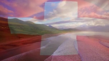 Animation of flag of switzerland over landscape. National flags and digital interface concept digitally generated video.
