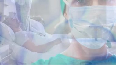 Beyaz yüzlü kadın doktor ve erkek hasta üzerindeki dalgaların animasyonu. Sağlık, tıp ve teknoloji konsepti dijital olarak üretilen video.