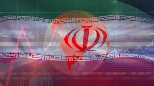 Animation Financial Data Processing Red Line Globe Flag Iran Global — Stockvideo