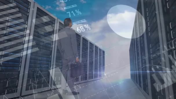 Statistical Data Processing Businessman Computer Servers Clouds Blue Sky Business — Αρχείο Βίντεο