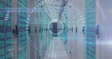 Bilgisayar sunucularında tarama ve veri işleme görüntüsü. dijital arayüz küresel bağlantı ve dijital olarak oluşturulan iletişim konsepti.