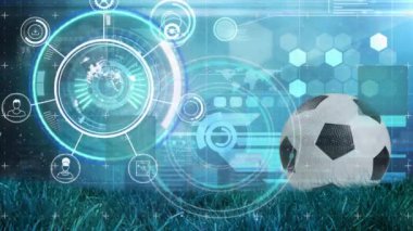 Mavi dijital ekran ve futbol topu üzerinden veri işleme animasyonu. Spor, rekabet ve dijital olarak üretilen video konsepti.