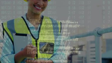 Animation of data processing over biracial female worker. Global business and digital interface concept digitally generated video.