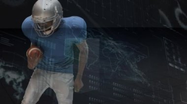 Animation of digital data processing over caucasian male american football players. Sport, competition and technology concept digitally generated video.