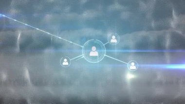 Animation of network of connections and clouds over blue background with lights. Network, connections and technology concept digitally generated video.