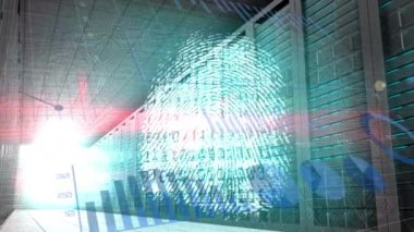 Boş bilgisayar sunucu odasına karşı istatistiksel veri işleme ve biyometrik parmak tarayıcı. İş ve bulut veri depolama teknolojisi kavramı