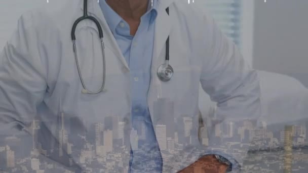 Animation Lights Falling Caucasian Male Doctor Cityscape Health Medicine Technology — Vídeo de Stock