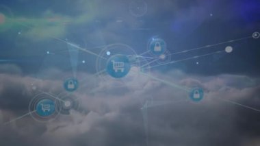 İnsanlarla bağlantı ağının animasyonu gökyüzü ve bulutlar üzerinde simgeler oluşturur. Küresel ağ ve bulut veri depolama teknolojisi kavramı.