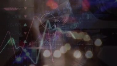 Animation of graphs over eye of caucasian woman. Data processing, connections, finance and lifestyle concept digitally generated video.