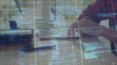 Animation of data processing on digital screen over hands of caucasian man using keyboard. Business, data processing and technology concept digitally generated video.
