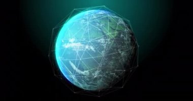 Siyah arka planda dünya, bağlantılar ve veri işleme animasyonları. Dijital olarak oluşturulmuş küresel ağ, bağlantılar, iletişim ve teknoloji konsepti.