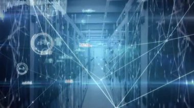 Animation of network of connections and data processing over server room. global business, connections and digital interface concept digitally generated video.