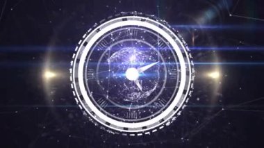 Saat animasyonu siyah arkaplanda bağlantılar ağının üzerinde hareket ediyor. Küresel teknoloji ve dijital arayüz konsepti dijital olarak oluşturulmuş video.