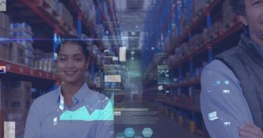Animation of data processing over diverse business people in warehouse. Global business and digital interface concept digitally generated video.