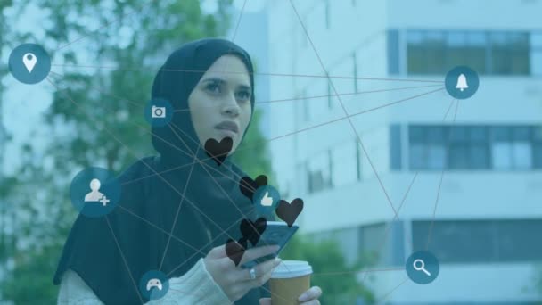 Network Digital Icons Multiple Black Heart Icons Floating Woman Hijab — Vídeo de Stock
