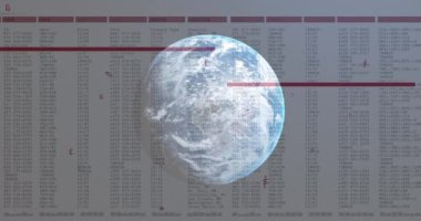 Beyaz zemin üzerinde veri işleme üzerine dünyanın animasyonu. Küresel iş ve dijital arayüz kavramı dijital olarak oluşturulmuş video.