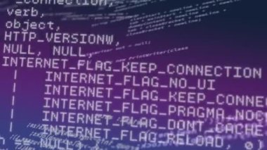 Menekşe arkaplanda veri işleme animasyonu. Veri işleme, sanal alan ve teknoloji konsepti dijital olarak oluşturulmuş video.