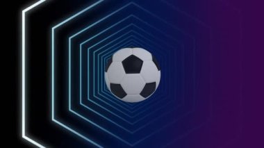Mavi ve menekşe altıgenlerden yapılmış tüneldeki futbol topunun animasyonu. Spor, rekabet ve dijital olarak üretilen video konsepti.