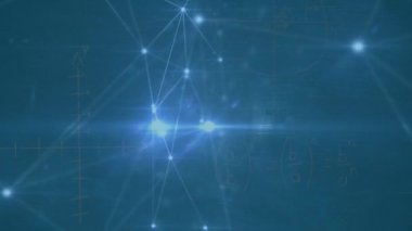 Animation of network of connections and mathematical equations over blue background. Global connections, computing and digital interface concept digitally generated video.