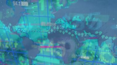 Animation of financial data and world map on green background. Global finance, economy and technology concept digitally generated video.