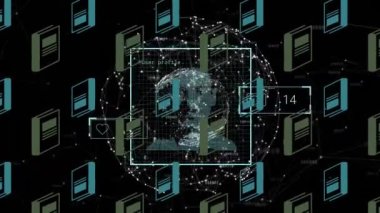Büyüyen sayılara sahip simgelerin animasyonu ve dünya üzerinde çeşitli insanların portreleriyle veri işleme. Küresel teknoloji ve dijital arayüz konsepti dijital olarak oluşturulmuş video.