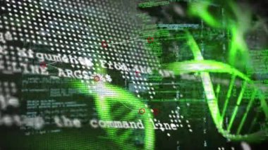 Siyah arka planda DNA ipliği üzerinde dünya haritası ve veri işleme animasyonu. Küresel teknoloji, bilgisayar ve dijital arayüz kavramı dijital olarak oluşturulmuş video.