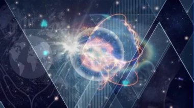 Donanma arka planında insan yüzü üzerinde hareket eden bağlantıları ve noktaları olan küre animasyonu. Dijital olarak oluşturulmuş küresel ağ, bağlantılar, veri işleme ve teknoloji konsepti.