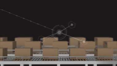 Taşıyıcı banttaki kutuların üzerindeki bağlantı ağının animasyonu. küresel dağıtım, bağlantılar ve dijital arayüz konsepti dijital olarak oluşturulmuş video.